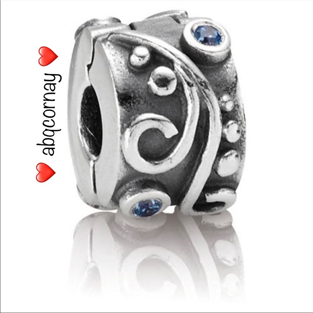 EUC Pandora 790380CZB Sterling Silver Tendril Clip Charm w/ Blue Zirconia